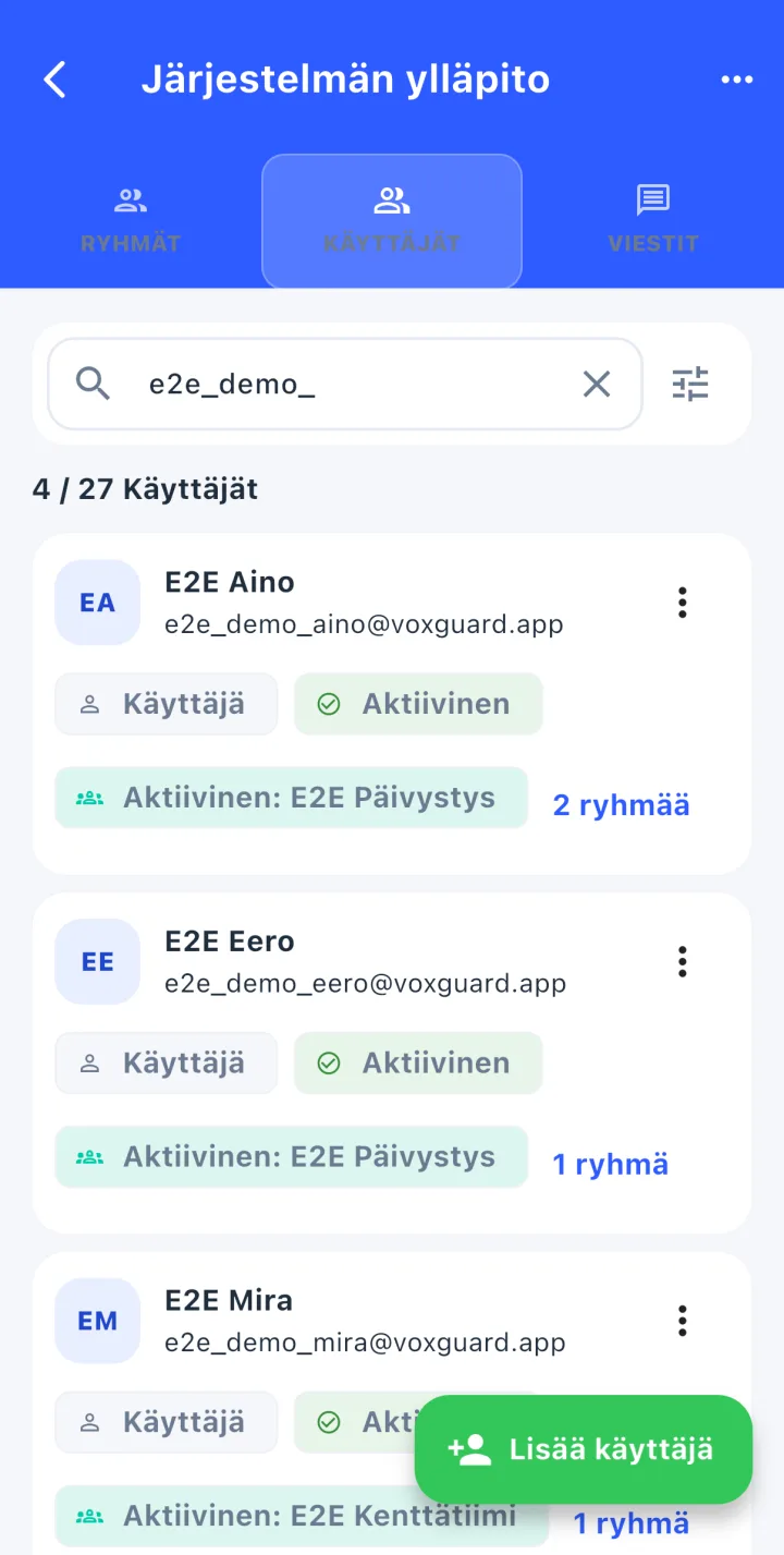 VoxGuardin ylläpidon käyttäjälista, jossa näkyvät haku, käyttäjän tila, aktiivinen ryhmä ja jäsenyyksien määrä.