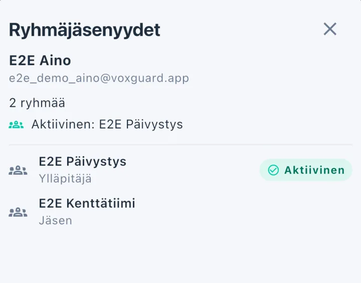 E2E Aino -demokäyttäjän vain luku -jäsenyysnäkymä, jossa näkyvät kaksi ryhmää, roolit ja aktiivinen ryhmä.