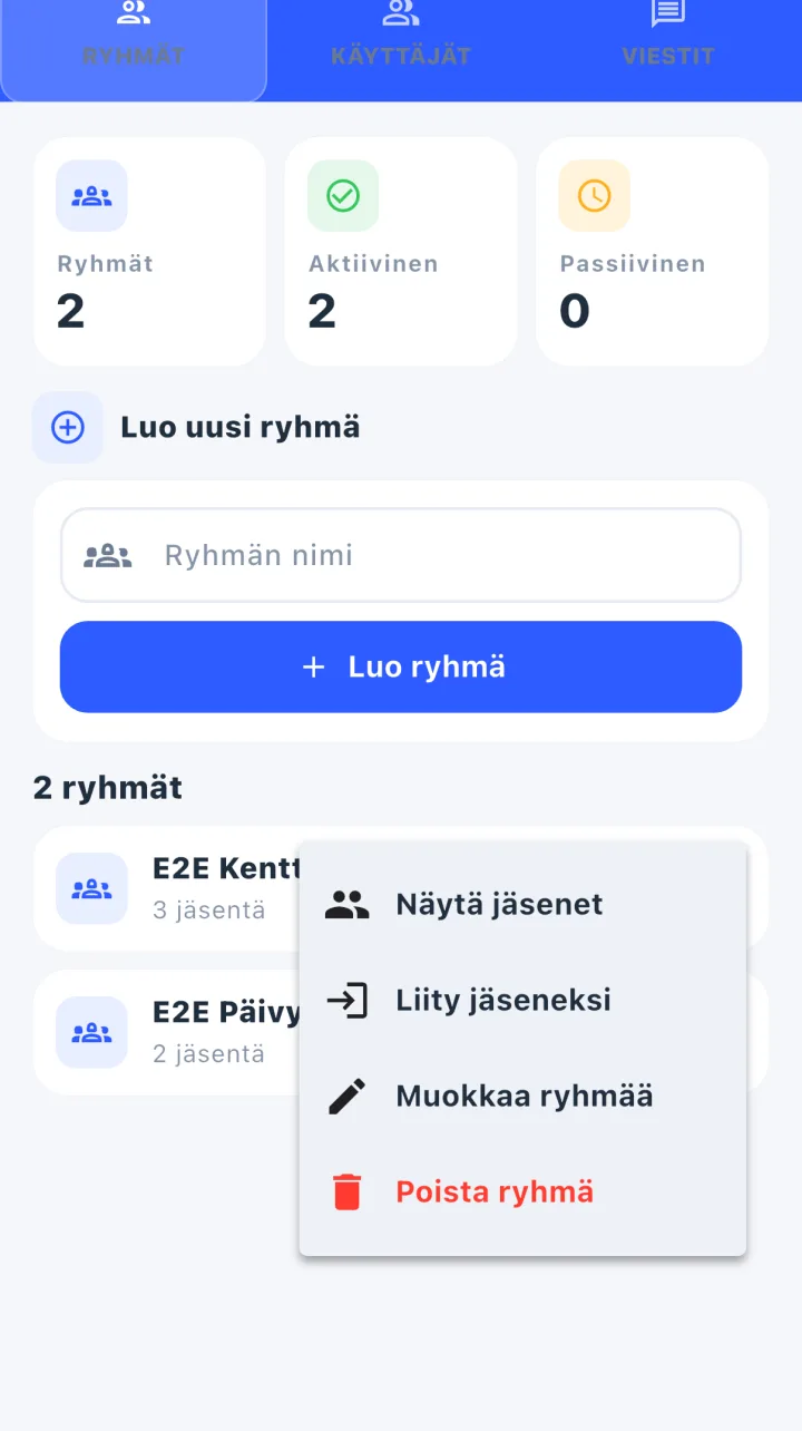 Kahden synteettisen ryhmän lista ja ryhmäkohtainen valikko, jossa ovat jäsenten näyttäminen, liittyminen, muokkaus ja poisto.