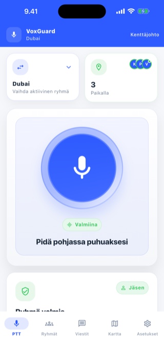 VoxGuardin push-to-talk-etusivu, jossa näkyy aktiivinen ryhmä ja puhepainike.