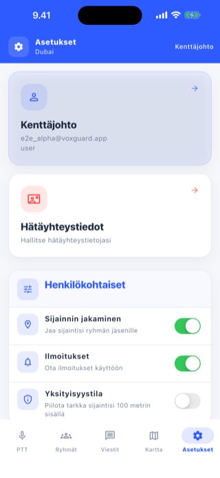Asetukset ja profiili.