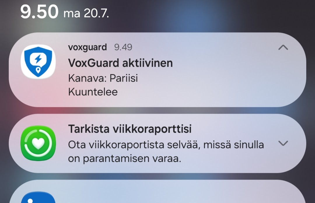 Android notification showing VoxGuard active, the Pariisi group, and the listening state