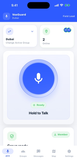 VoxGuard push-to-talk home screen, showing the active group and push-to-talk button.