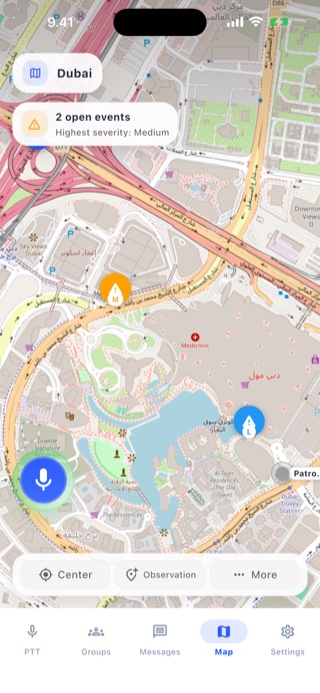 VoxGuard live team map showing teammate locations and operational context.