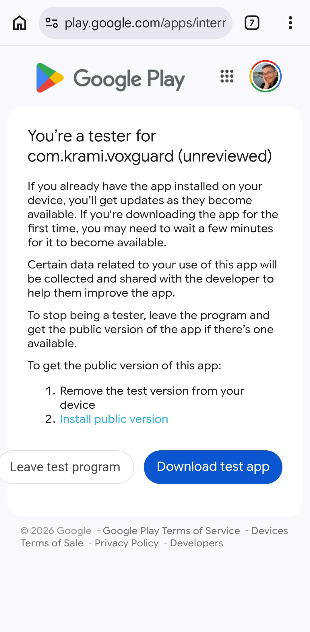 Google Play internal testing page opened from the installation link