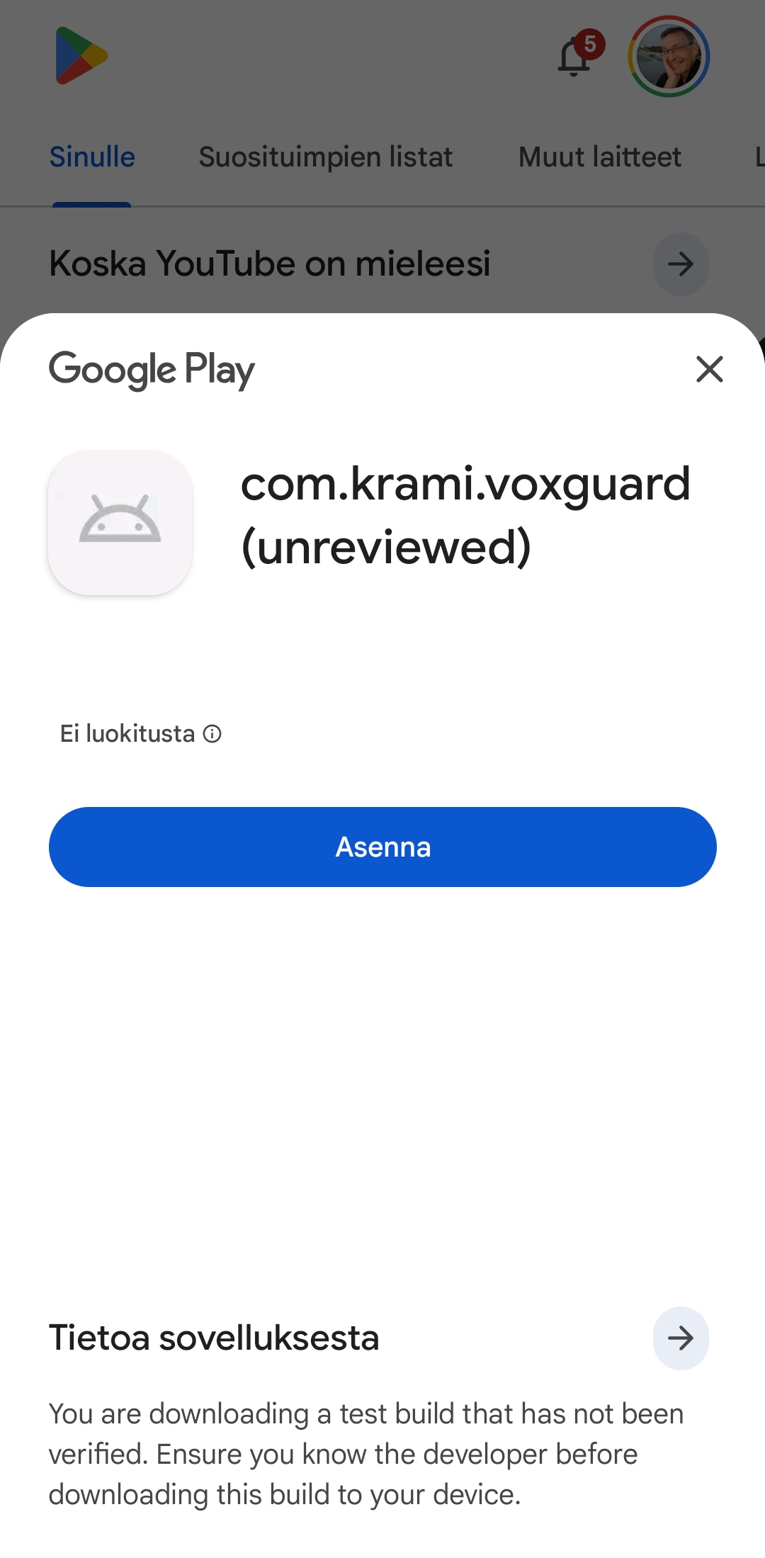Google Play install dialog for the VoxGuard test build