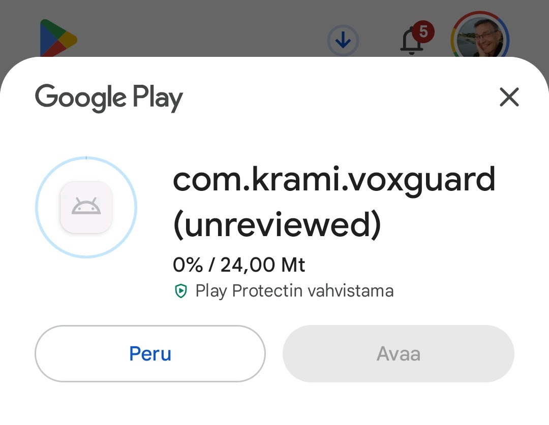 Google Play download progress for the VoxGuard test build