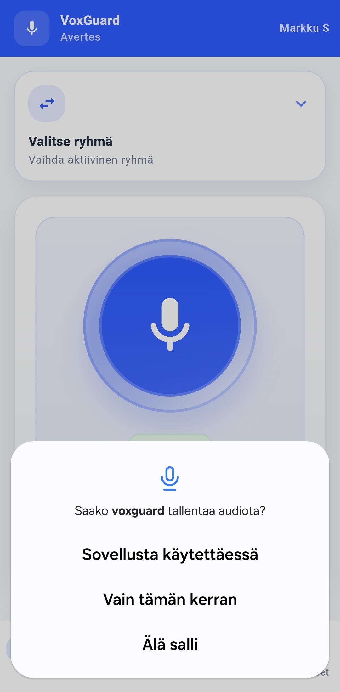 Android microphone permission prompt for VoxGuard
