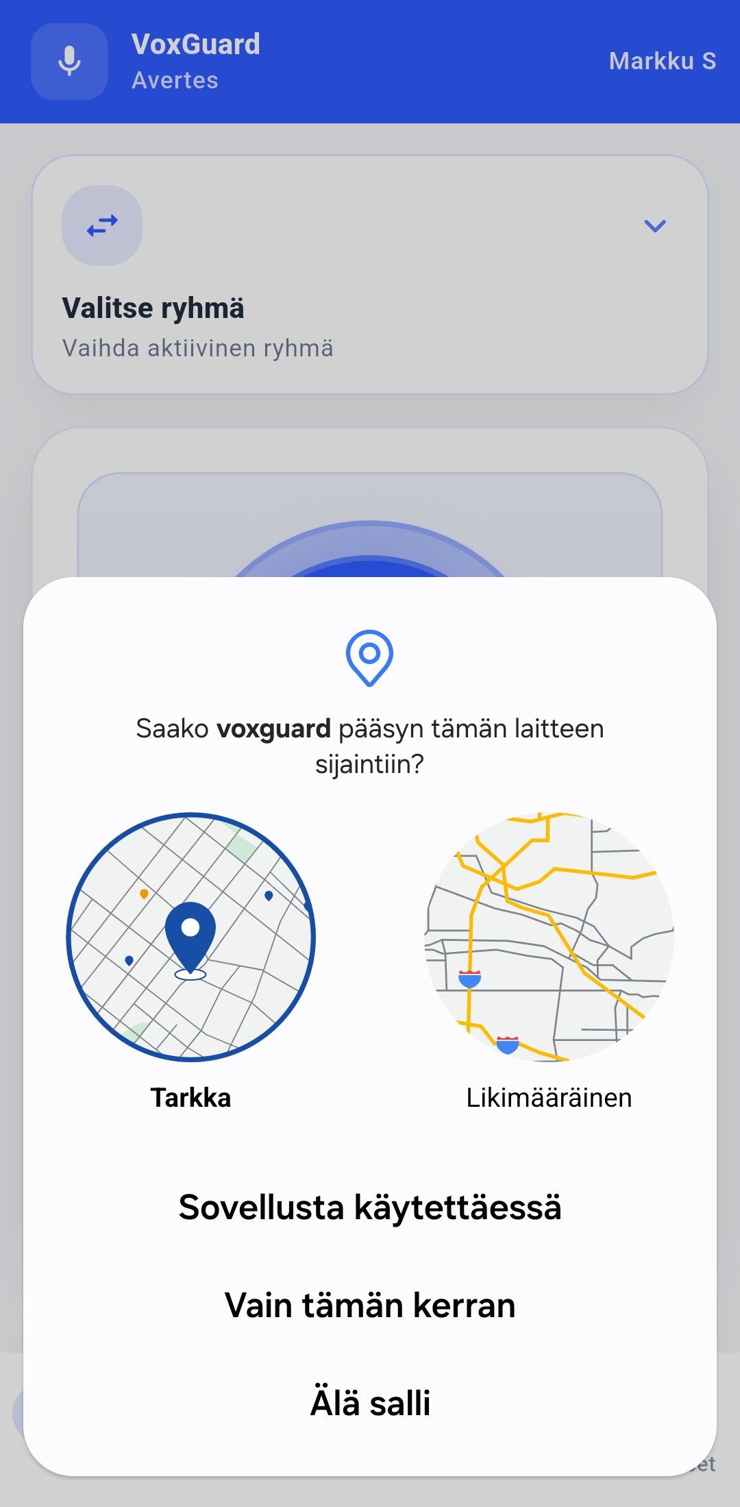Android location permission prompt for VoxGuard