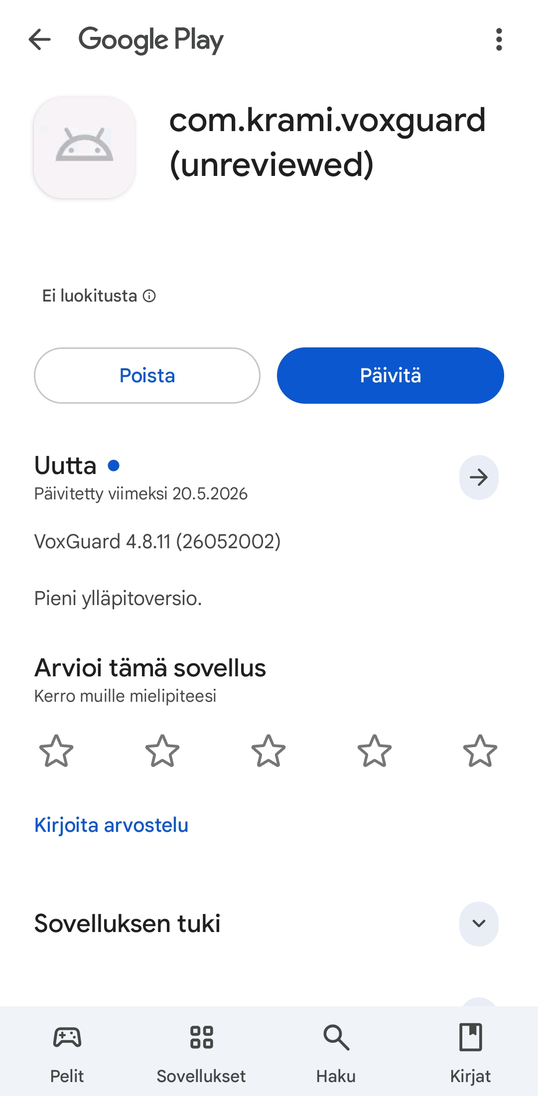 Google Play update button for an installed VoxGuard test build