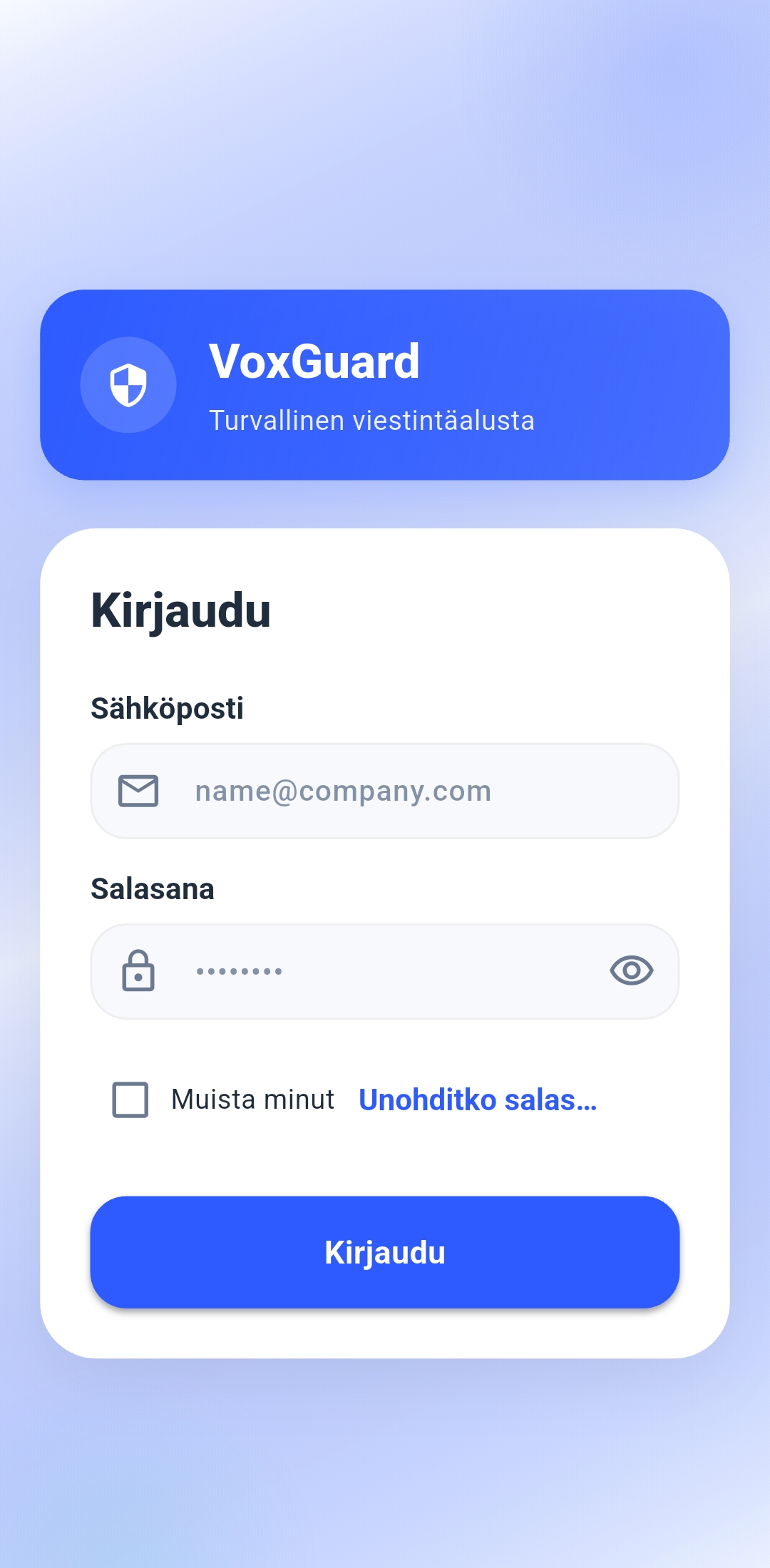 VoxGuard login screen in Finnish