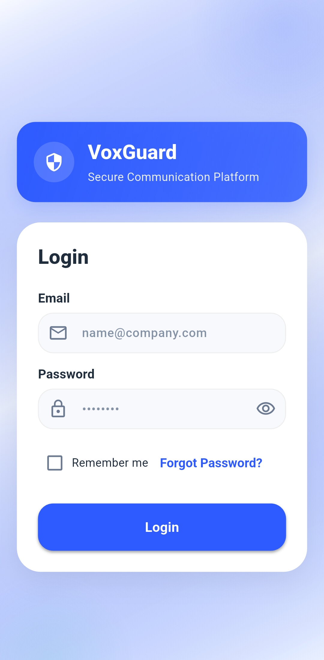 VoxGuard login screen in English