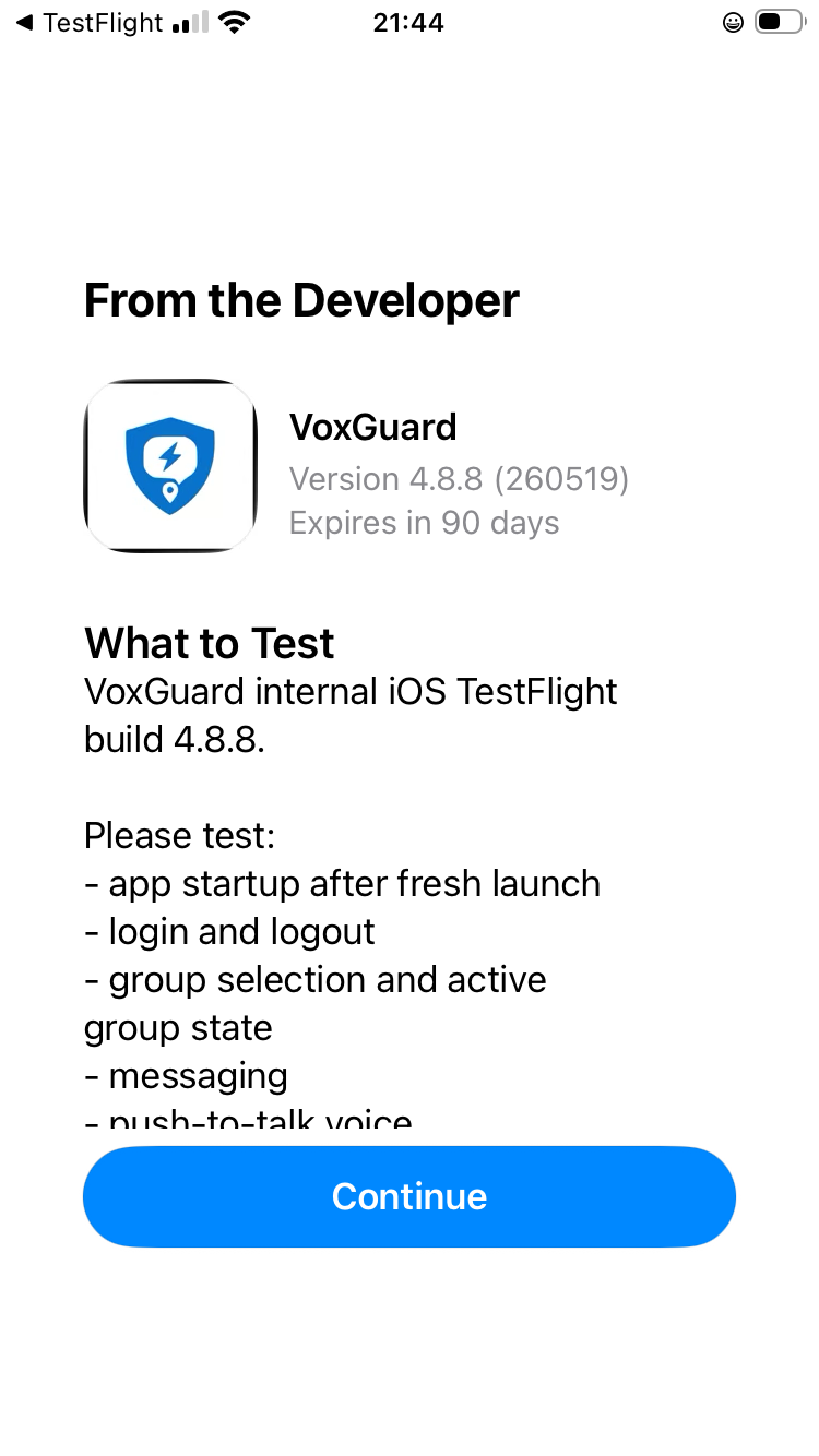 VoxGuard in the TestFlight app